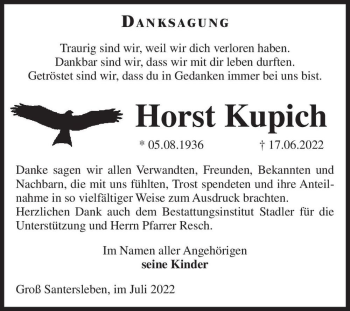 Traueranzeige von Horst Kupich  von Magdeburger Volksstimme
