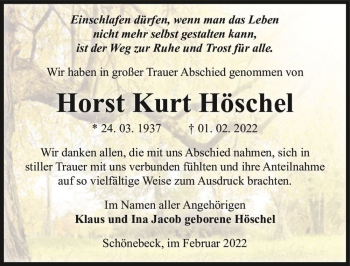 Traueranzeige von Horst Kurt Höschel  von Magdeburger Volksstimme
