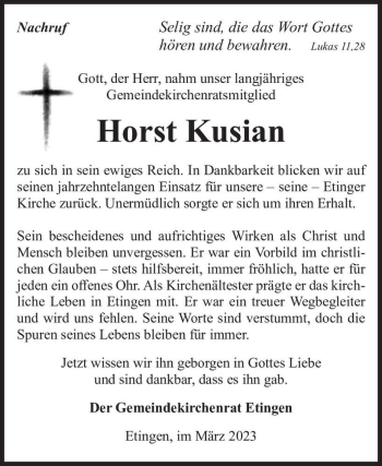 Traueranzeige von Horst Kusian  von Magdeburger Volksstimme