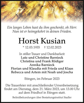 Traueranzeige von Horst Kusian  von Magdeburger Volksstimme