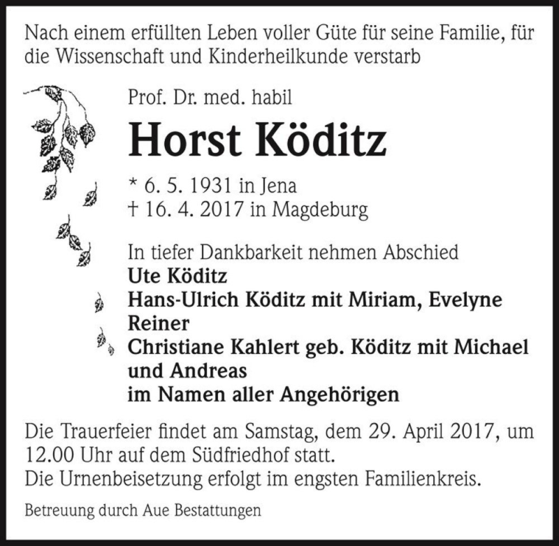  Traueranzeige für Horst Köditz  vom 22.04.2017 aus Magdeburger Volksstimme