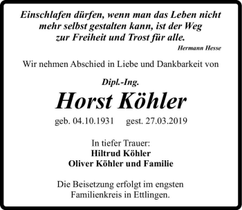 Traueranzeige von Horst Köhler  von Magdeburger Volksstimme
