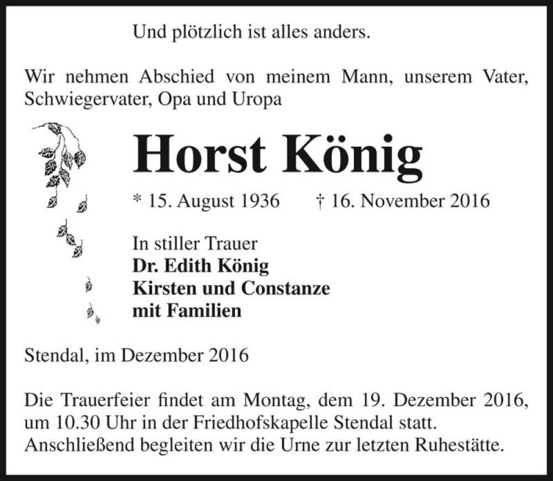  Traueranzeige für Horst König  vom 13.12.2016 aus Magdeburger Volksstimme