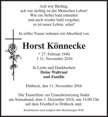 Traueranzeige von Horst Könnecke  von Magdeburger Volksstimme