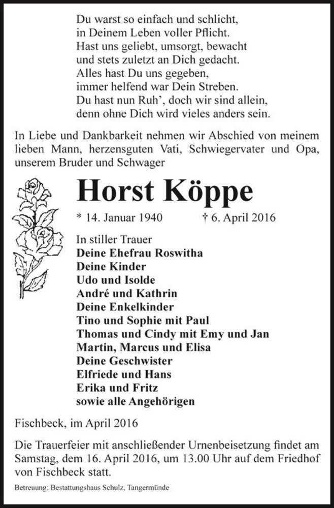  Traueranzeige für Horst Köppe  vom 09.04.2016 aus Magdeburger Volksstimme
