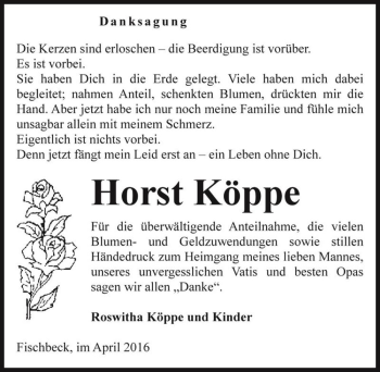Traueranzeige von Horst Köppe  von Magdeburger Volksstimme