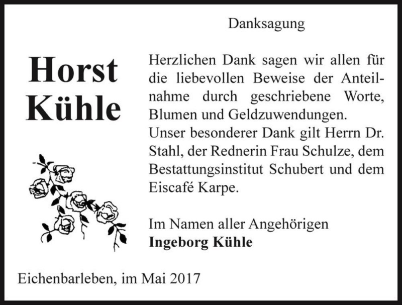  Traueranzeige für Horst Kühle  vom 27.05.2017 aus Magdeburger Volksstimme