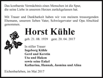 Traueranzeige von Horst Kühle  von Magdeburger Volksstimme