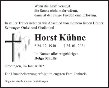 Traueranzeige von Horst Kühne  von Magdeburger Volksstimme