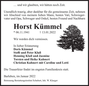 Traueranzeige von Horst Kümmel  von Magdeburger Volksstimme