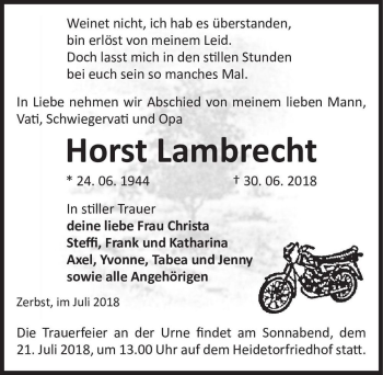 Traueranzeige von Horst Lambrecht  von Magdeburger Volksstimme