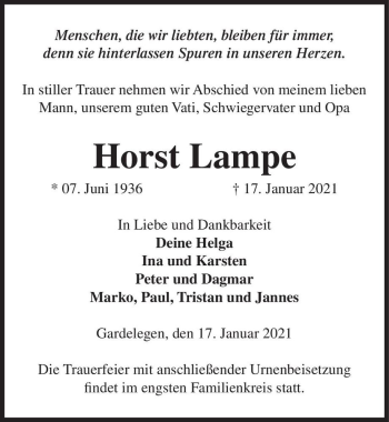 Traueranzeige von Horst Lampe  von Magdeburger Volksstimme