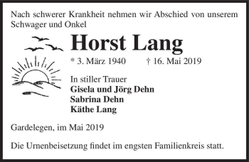 Traueranzeige von Horst Lang  von Magdeburger Volksstimme