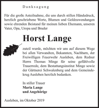 Traueranzeige von Horst Lange  von Magdeburger Volksstimme