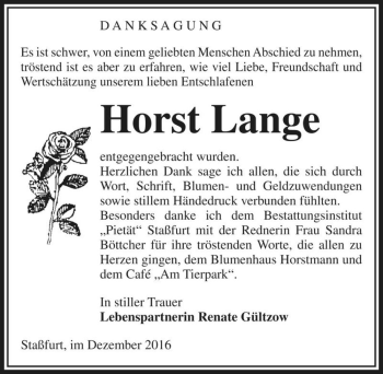 Traueranzeige von Horst Lange  von Magdeburger Volksstimme