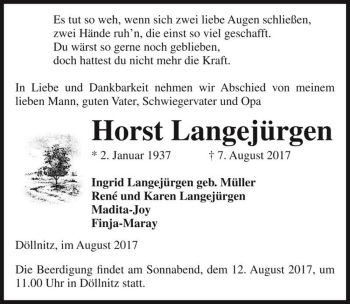 Traueranzeige von Horst Langejürgen  von Magdeburger Volksstimme