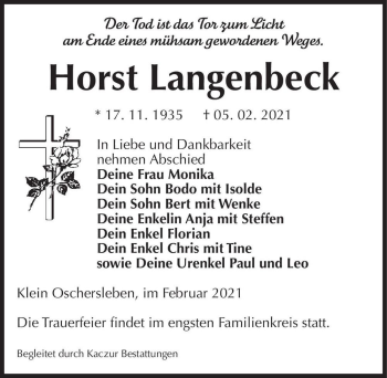 Traueranzeige von Horst Langenbeck  von Magdeburger Volksstimme