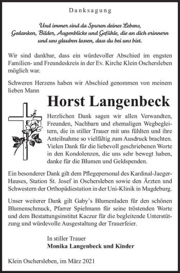 Traueranzeige von Horst Langenbeck  von Magdeburger Volksstimme