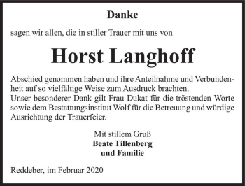Traueranzeige von Horst Langhoff  von Magdeburger Volksstimme