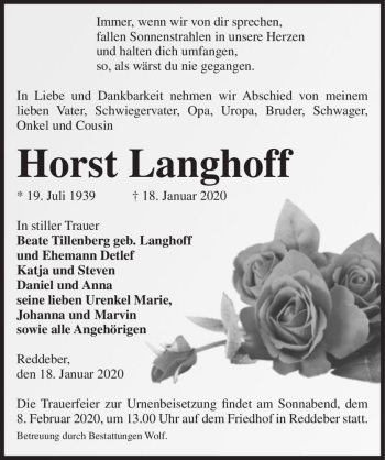 Traueranzeige von Horst Langhoff  von Magdeburger Volksstimme