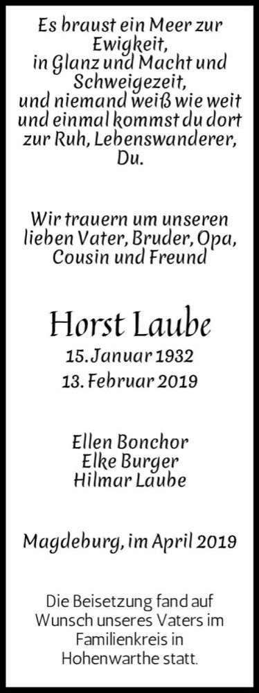  Traueranzeige für Horst Laube  vom 13.04.2019 aus Magdeburger Volksstimme