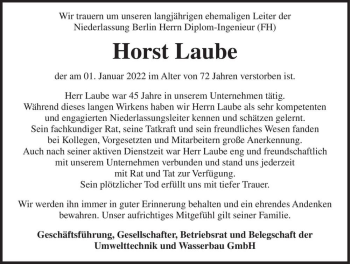 Traueranzeige von Horst Laube  von Magdeburger Volksstimme