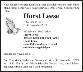 Traueranzeige von Horst Leese  von Magdeburger Volksstimme
