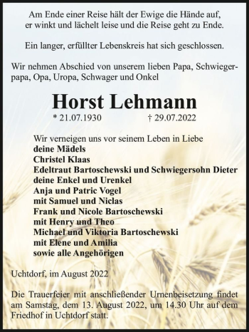 Traueranzeige von Horst Lehmann  von Magdeburger Volksstimme