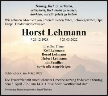 Traueranzeige von Horst Lehmann  von Magdeburger Volksstimme