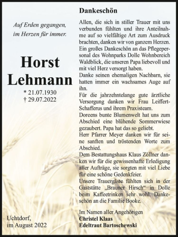 Traueranzeige von Horst Lehmann  von Magdeburger Volksstimme
