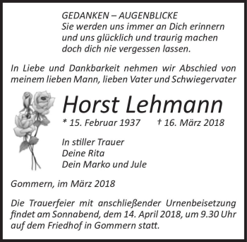Traueranzeige von Horst Lehmann  von Magdeburger Volksstimme