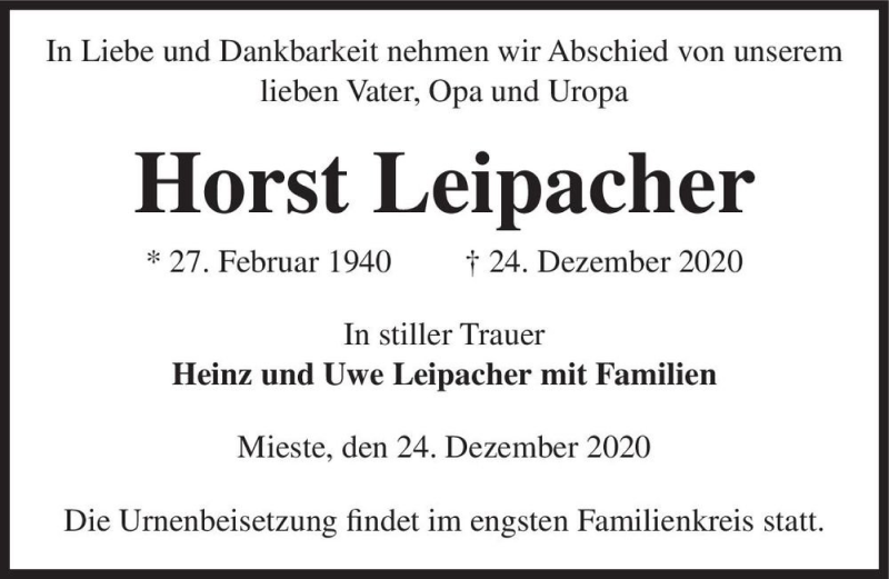  Traueranzeige für Horst Leipacher  vom 31.12.2020 aus Magdeburger Volksstimme