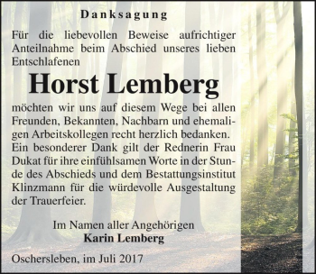 Traueranzeige von Horst Lemberg  von Magdeburger Volksstimme