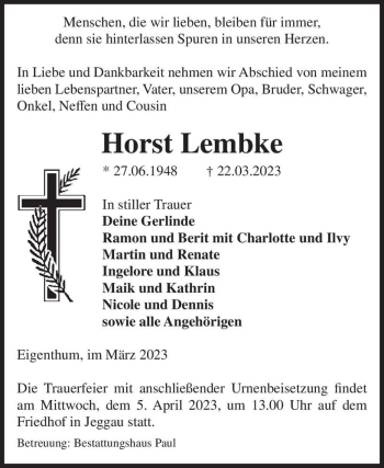 Traueranzeige von Horst Lembke  von Magdeburger Volksstimme