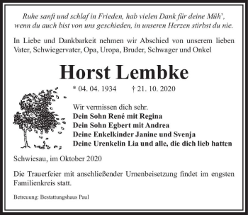 Traueranzeige von Horst Lembke  von Magdeburger Volksstimme