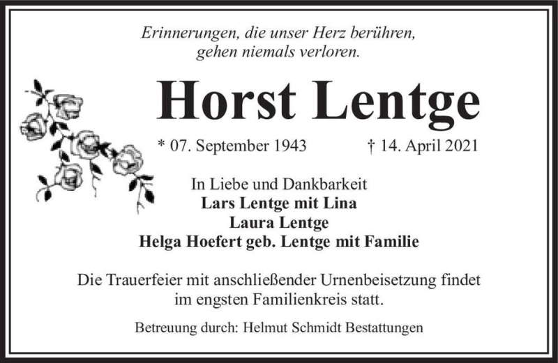  Traueranzeige für Horst Lentge  vom 24.04.2021 aus Magdeburger Volksstimme