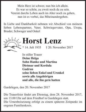 Traueranzeige von Horst Lenz  von Magdeburger Volksstimme