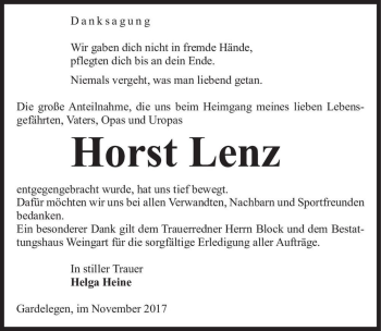 Traueranzeige von Horst Lenz  von Magdeburger Volksstimme