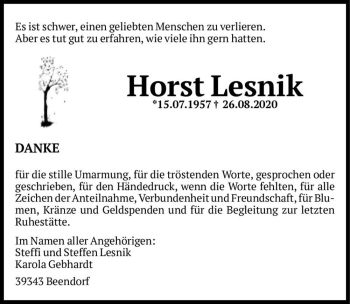 Traueranzeige von Horst Lesnik  von Magdeburger Volksstimme