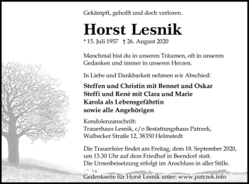 Traueranzeige von Horst Lesnik  von Magdeburger Volksstimme