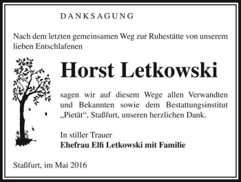 Traueranzeige von Horst Letkowski  von Magdeburger Volksstimme