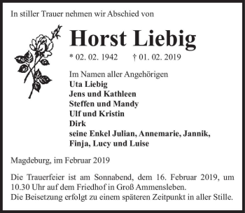 Traueranzeige von Horst Liebig  von Magdeburger Volksstimme