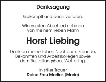 Traueranzeige von Horst Liebing  von Magdeburger Volksstimme