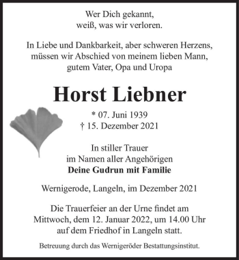 Traueranzeige von Horst Liebner  von Magdeburger Volksstimme