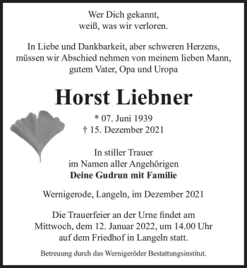 Traueranzeige von Horst Liebner  von Magdeburger Volksstimme