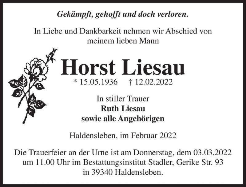  Traueranzeige für Horst Liesau  vom 19.02.2022 aus Magdeburger Volksstimme