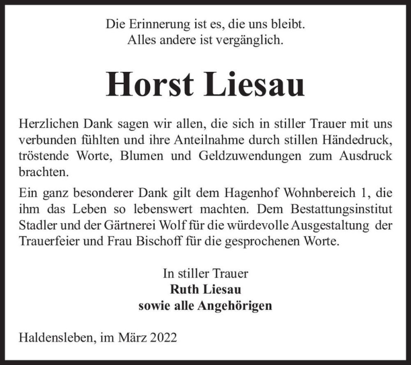  Traueranzeige für Horst Liesau  vom 19.03.2022 aus Magdeburger Volksstimme