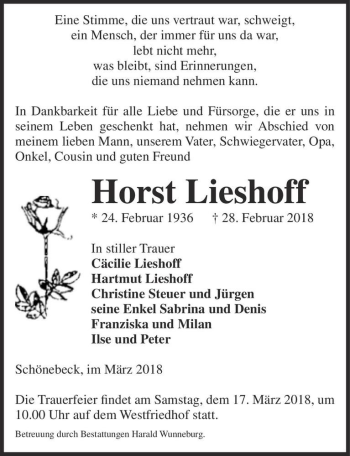 Traueranzeige von Horst Lieshoff  von Magdeburger Volksstimme