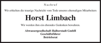 Traueranzeige von Horst Limbach  von Magdeburger Volksstimme