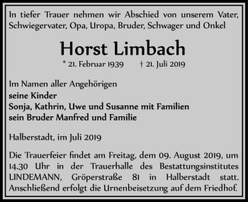 Traueranzeige von Horst Limbach  von Magdeburger Volksstimme